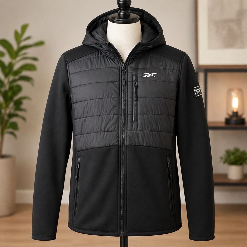 Reebok Mens Hybrid Softshell Puffer Jacket Black Hooded Full‎ Zip Fleece Large